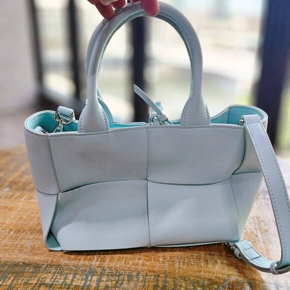 Aqua Woven Soft Leather Handbag • Tiffany & Fred Style • Top Handle + Crossbody - Picture 3 of 6